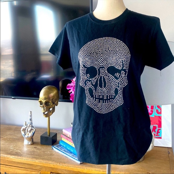 Crystal AB Rhinestone Beaded Skull T-Shirt - Size M - Picture 10 of 11